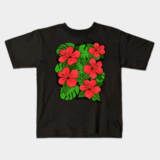 Red Hibiscus Flowers & Monstera Leaves Kids T-Shirt